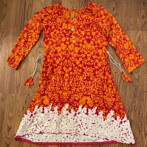 Floral Orange, White and Magenta Kurta Long Sleeve Midi Dress